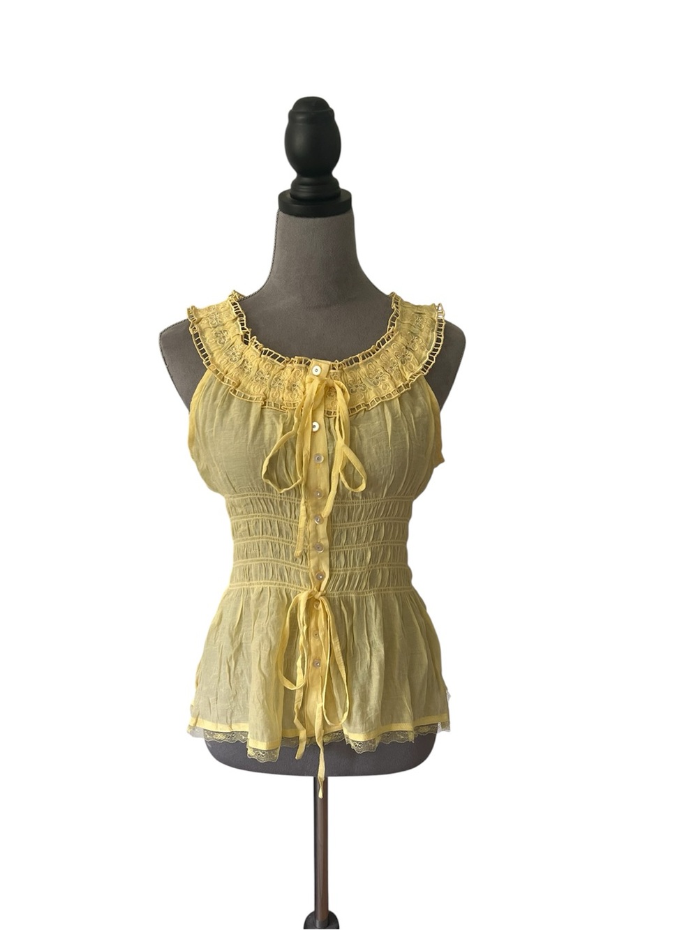Yellow Ruffle Tie-Front Smocked Camisole
